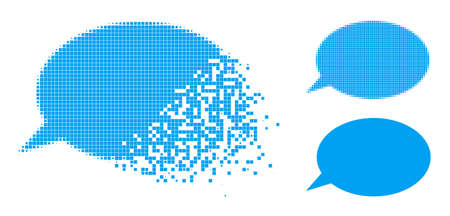 Disappearing pixelated message cloud pictogram with wind effect, and halftone vector composition. Pixelated dissolving effect for message cloud gives speed and movement of cyberspace items.のイラスト素材