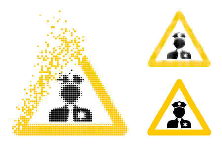 Dispersed pixelated policeman warning glyph with wind effect, and halftone vector symbol. Pixelated dissolution effect for policeman warning shows speed and movement of cyberspace abstractions.のイラスト素材
