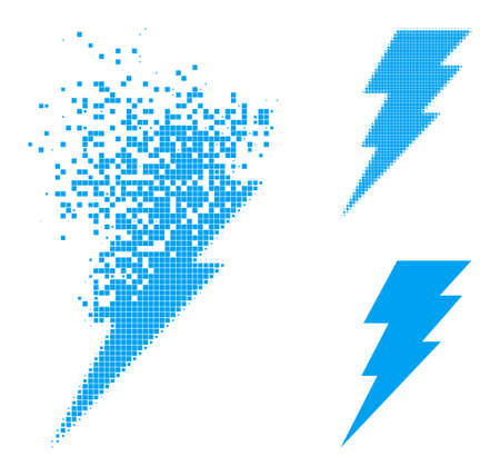 Destructed pixelated execute icon with destruction effect, and halftone vector composition. Pixelated dissolving effect for execute demonstrates speed and movement of cyberspace objects.のイラスト素材