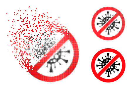 Disintegrating pixelated stop coronavirus icon with destruction effect, and halftone vector symbol. Pixelated destruction effect for stop coronavirus demonstrates speed and motion of cyberspace items.のイラスト素材