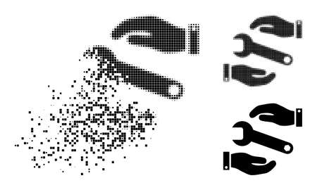 Dissolving pixelated service icon with destruction effect, and halftone vector pictogram. Pixelated abrasion effect for service shows speed and movement of cyberspace concepts.のイラスト素材