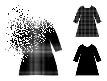 Dust pixelated woman dress icon with wind effect, and halftone vector composition. Pixelated dematerialization effect for woman dress shows speed and motion of cyberspace items.のイラスト素材