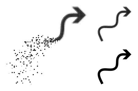 Disappearing pixelated curve arrow icon with wind effect, and halftone vector icon. Pixelated degradation effect for curve arrow gives speed and movement of cyberspace objects.のイラスト素材