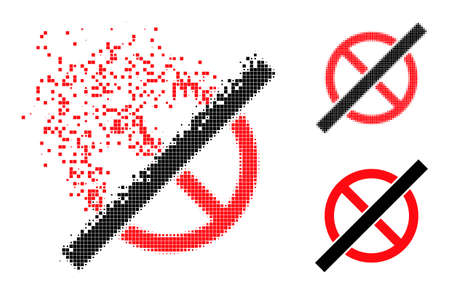 Disappearing pixelated no rules icon with destruction effect, and halftone vector icon. Pixelated disappearing effect for no rules shows speed and motion of cyberspace items.のイラスト素材