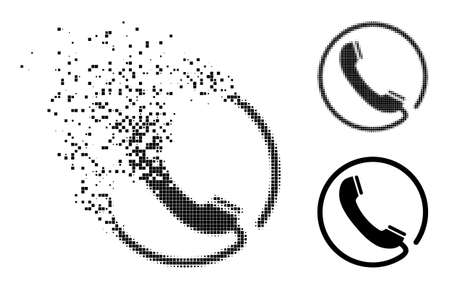 Burst dotted phone pictogram with destruction effect, and halftone vector pictogram. Pixelated explosion effect for phone demonstrates speed and motion of cyberspace things.のイラスト素材