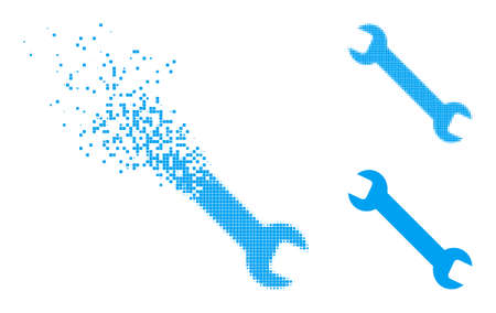 Moving pixelated wrench icon with destruction effect, and halftone vector icon. Pixel destruction effect for wrench shows speed and movement of cyberspace items.のイラスト素材