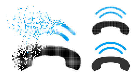Fragmented pixelated phone ring pictogram with wind effect, and halftone vector symbol. Pixelated disintegration effect for phone ring shows speed and motion of cyberspace matter.のイラスト素材