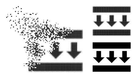 Burst dot pressure down icon with wind effect, and halftone vector icon. Pixelated erosion effect for pressure down demonstrates speed and movement of cyberspace items.のイラスト素材