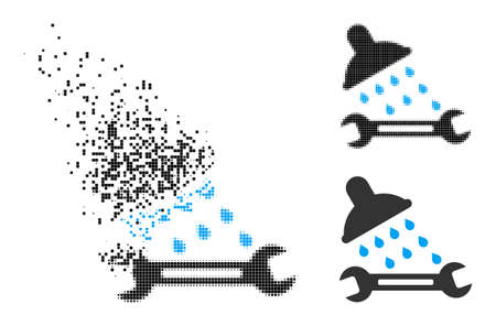Dispersed dotted shower plumbing icon with wind effect, and halftone vector symbol. Pixel dissolving effect for shower plumbing demonstrates speed and motion of cyberspace things.のイラスト素材