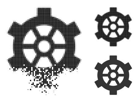 Dissipated pixelated gear pictogram with wind effect, and halftone vector symbol. Pixelated dissipation effect for gear gives speed and motion of cyberspace abstractions.のイラスト素材