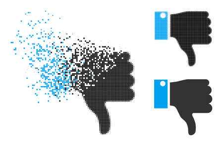 Dissolving pixelated thumb down pictogram with wind effect, and halftone vector pictogram. Pixel...