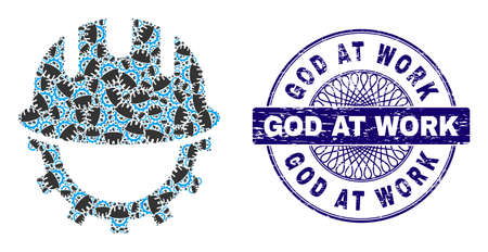Recursive mosaic development hardhat and God at Work round textured stamp seal. Blue stamp seal includes God at Work title inside circle and guilloche ornament.のイラスト素材