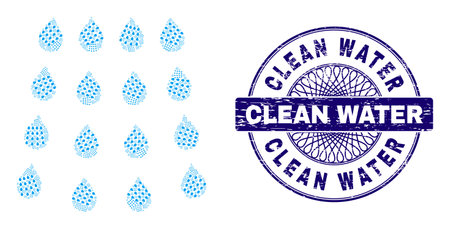 Recursive collage drops and Clean Water round corroded watermark. Violet stamp includes Clean Water caption inside circle and guilloche structure.のイラスト素材