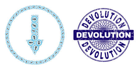 Fractal composition down rounded arrow and Devolution round grunge stamp seal. Violet stamp seal...