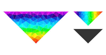 lowpoly arrowhead down icon with spectral vibrant. Rainbow vibrant polygonal arrowhead down vector is combined with chaotic colorful triangles.のイラスト素材
