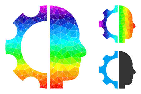 Low-poly cyborg gear icon with spectral vibrant. Spectral vibrant polygonal cyborg gear vector is designed with scattered colored triangles.のイラスト素材