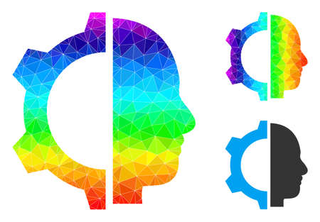 Low-poly cyborg gear icon with spectrum colored. Spectral colored polygonal cyborg gear vector filled of random colored triangles.のイラスト素材