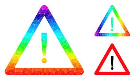 Low-poly danger warning icon with spectral colored. Spectral colored polygonal danger warning vector is filled with randomized colored triangles.のイラスト素材