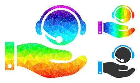 lowpoly call center service icon with rainbow vibrant. Spectrum colored polygonal call center service vector is filled from scattered colored triangles.のイラスト素材