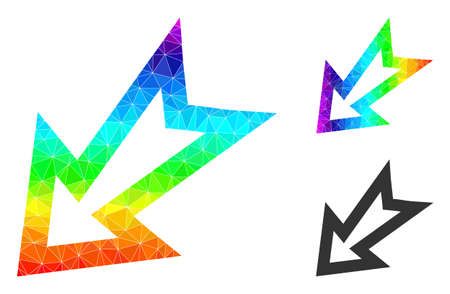 lowpoly arrow left down icon with rainbow colored. Spectral colored polygonal arrow left down vector is filled from randomized colored triangles.のイラスト素材
