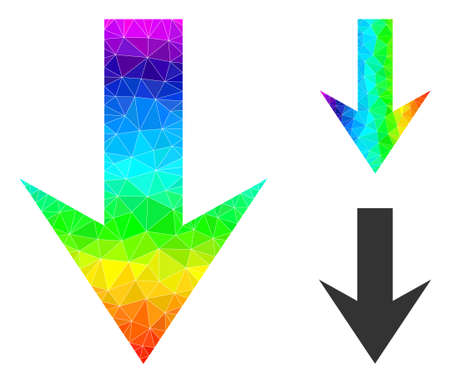 Low-poly arrow down icon with rainbow colorful. Rainbow colorful polygonal arrow down vector is constructed with scattered bright triangles.のイラスト素材