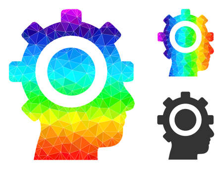 Low-poly cyborg gear icon with rainbow colorful. Rainbow colored polygonal cyborg gear vector is designed of chaotic colorful triangles. Flat geometric lowpoly symbol is created from cyborg gear icon.のイラスト素材