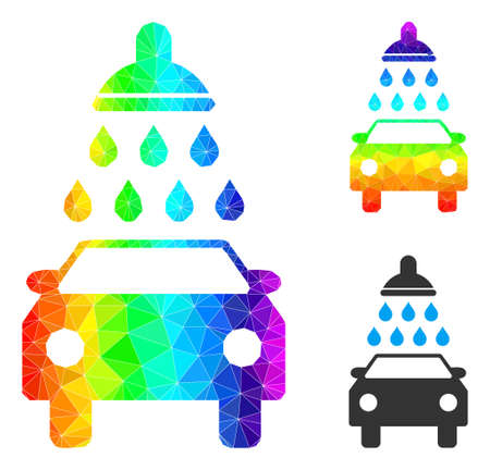 lowpoly car wash icon with spectrum gradient. Spectrum colored polygonal car wash vector constructed from chaotic colored triangles.のイラスト素材