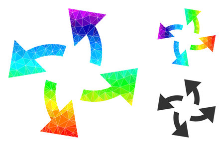 Low-poly centrifugal arrows icon with spectrum colorful. Spectrum vibrant polygonal centrifugal arrows vector is constructed with random vibrant triangles.のイラスト素材