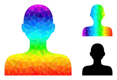 Low-poly boy icon with spectrum colorful. Spectrum colored polygonal boy vector is filled of chaotic colorful triangles. Flat geometric mesh illustration based on boy icon.のイラスト素材
