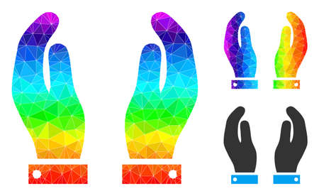 lowpoly care hands icon with spectrum colored. Spectrum colorful polygonal care hands vector filled with random colorful triangles.のイラスト素材
