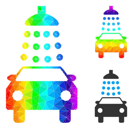 lowpoly car wash icon with rainbow colorful. Rainbow colorful polygonal car wash vector is filled of scattered bright triangles. Flat geometric polygonal illustration created from car wash icon.のイラスト素材