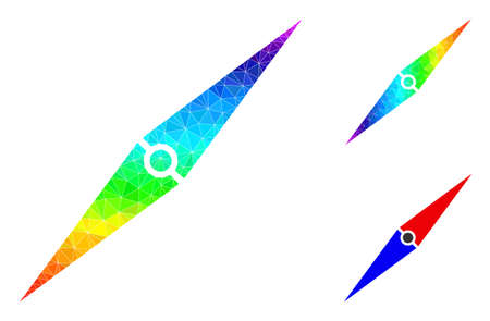 Low-poly compass arrow icon with rainbow gradient. Rainbow colored polygonal compass arrow vector combined with randomized colored triangles.のイラスト素材