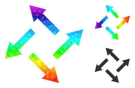 lowpoly centrifugal arrows icon with rainbow colored. Rainbow colored polygonal centrifugal arrows vector designed with chaotic vibrant triangles.のイラスト素材