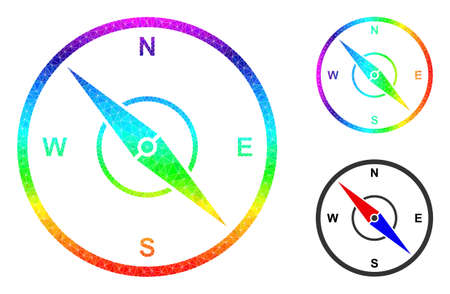 lowpoly compass icon with rainbow colorful. Rainbow colored polygonal compass vector is designed from randomized colored triangles. Flat geometric polygonal abstraction designed by compass icon.のイラスト素材