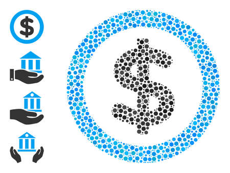 Circle collage finance. Vector collage is based on finance symbol, and designed of randomized circle dots. Vector icon of finance created with randomized circle elements.のイラスト素材