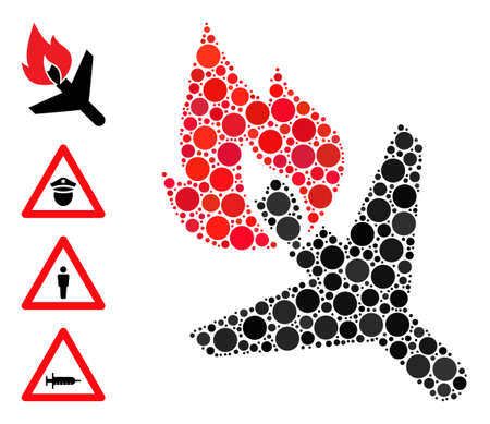 Circle mosaic fired airplane. Vector collage is based on fired airplane symbol, and organized from random circle elements. Vector icon of fired airplane constructed of random circle items.のイラスト素材