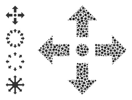 Rounded dot collage expand arrows. Vector mosaic is based on expand arrows icon, and composed of random round parts. Vector icon of expand arrows designed of irregular round points.のイラスト素材