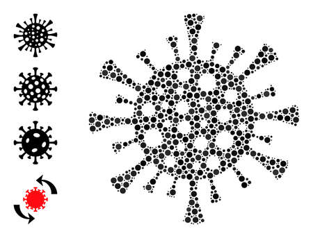 Circle collage corona virus. Vector mosaic is based on corona virus symbol, and made of randomized round items. Vector icon of corona virus designed of randomized circle pixels.のイラスト素材