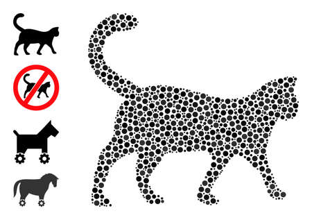 Circle collage cat. Vector collage is based on cat icon, and organized with randomized round elements. Vector icon of cat created of irregular round pixels.のイラスト素材