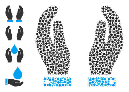Round dot collage care hands. Vector collage is based on care hands icon, and done of scattered circle items. Vector icon of care hands created of scattered circle pixels.のイラスト素材