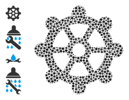 Circle collage gear. Vector collage is based on gear icon, and organized of randomized circle dots. Vector icon of gear composed of scattered circle elements.のイラスト素材