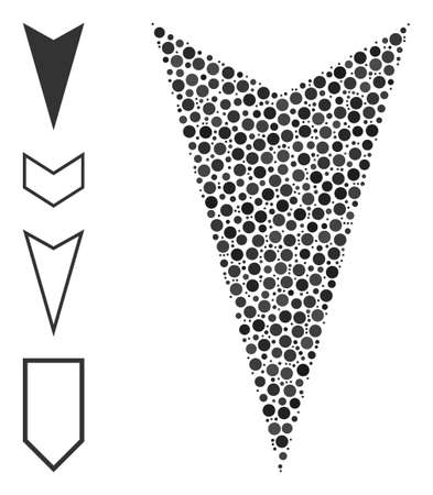 Round dot composition arrowhead down. Vector collage is based on arrowhead down symbol, and designed of random spheric parts. Vector icon of arrowhead down combined of random round points.のイラスト素材