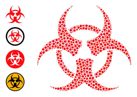 Round dot collage bio hazard. Vector collage is based on bio hazard icon, and composed of randomized round parts. Vector icon of bio hazard composed of scattered circle elements.のイラスト素材