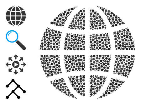 Round dot combination globe. Vector collage is based on globe symbol, and organized of randomized round items. Vector icon of globe formed of random round dots.のイラスト素材