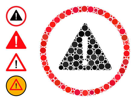 Rounded dot combination danger sign. Vector collage is based on danger sign icon, and constructed of randomized circle elements. Vector icon of danger sign designed of randomized round elements.のイラスト素材