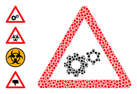 Rounded dot collage gears warning. Vector collage is based on gears warning icon, and made with randomized spheric elements. Vector icon of gears warning combined with random round elements.のイラスト素材