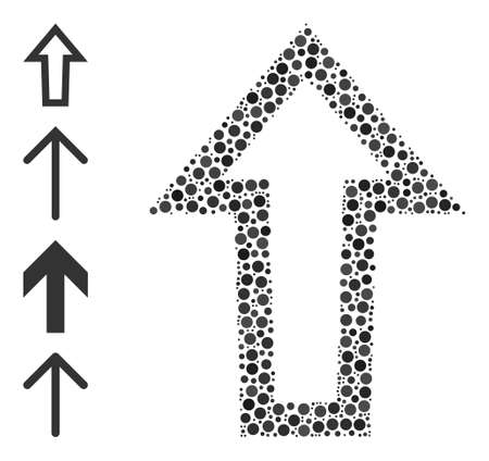 Circle collage arrow up. Vector collage is based on arrow up icon, and organized from randomized spheric parts. Vector icon of arrow up organized of scattered spheric pixels.のイラスト素材