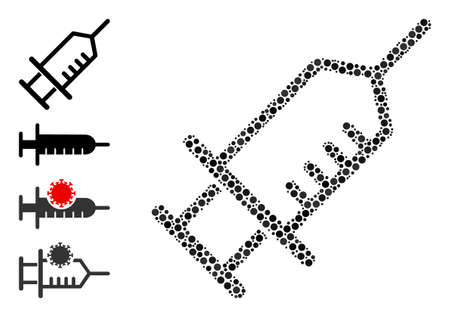 Circle mosaic drug syringe. Vector mosaic is based on drug syringe symbol, and designed of random round parts. Vector icon of drug syringe combined of scattered round pixels.のイラスト素材