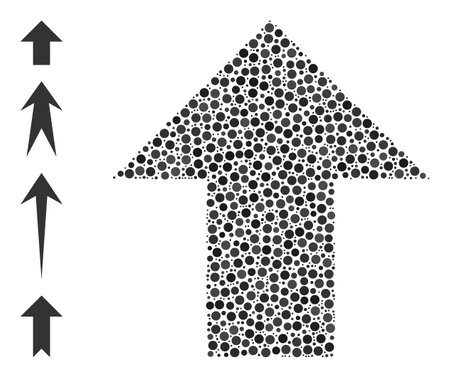 Round dot composition arrow up. Vector mosaic is based on arrow up icon, and created of scattered spheric items. Vector icon of arrow up created with scattered circle dots.のイラスト素材
