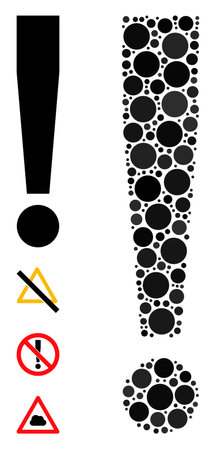 Round dot collage exclamation sign. Vector collage is based on exclamation sign icon, and made from randomized circle elements. Vector icon of exclamation sign formed of randomized round elements.のイラスト素材